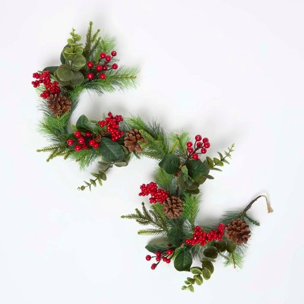 HOMESCAPES Artificial Winter Woodland and Eucalyptus Garland, 110 cm