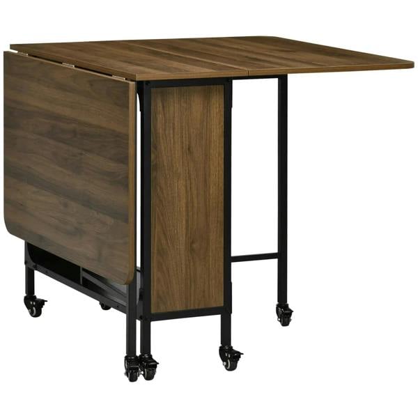 Brown drop-leaf dining table with black frame and locking casters, side leaves down