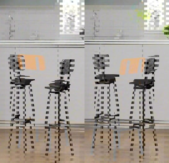 Modcraft Set of 2 Industrial PU Upholstered Bar Stools – Breakfast Bar Chairs with Backrest