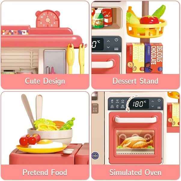 deAO Toys Pink Kitchen Playset – Realistic Lights & Sounds, Simulated Spray, Role-Play Toy with Accessories. Perfect Gift for Kids