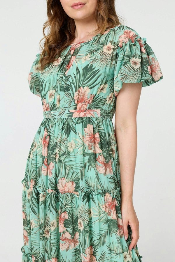 Green | Tropical Print Frill Tiered Midi Dress