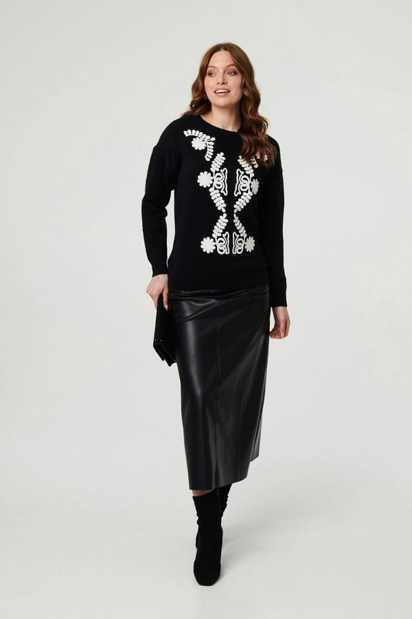 Black | Embroidered Print Drop Shoulder Jumper