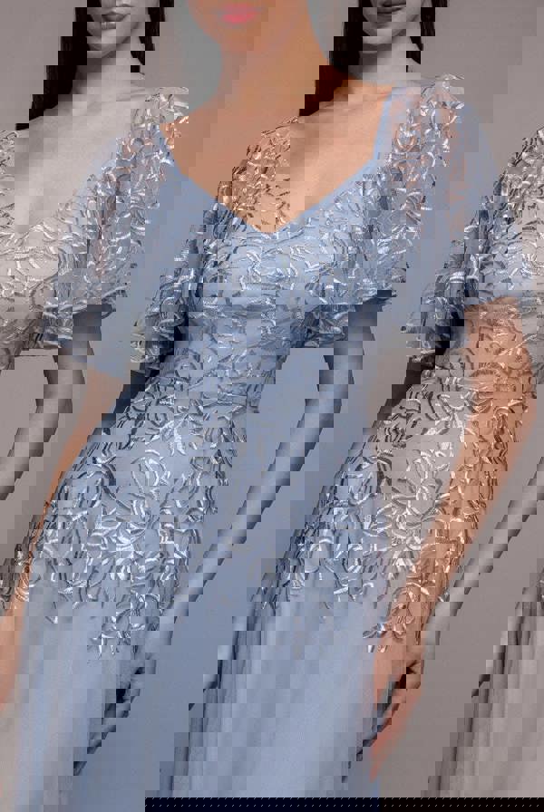 Lace Flutter Sleeve Embroidered Mesh A Line Maxi Dress - Blue DR3942