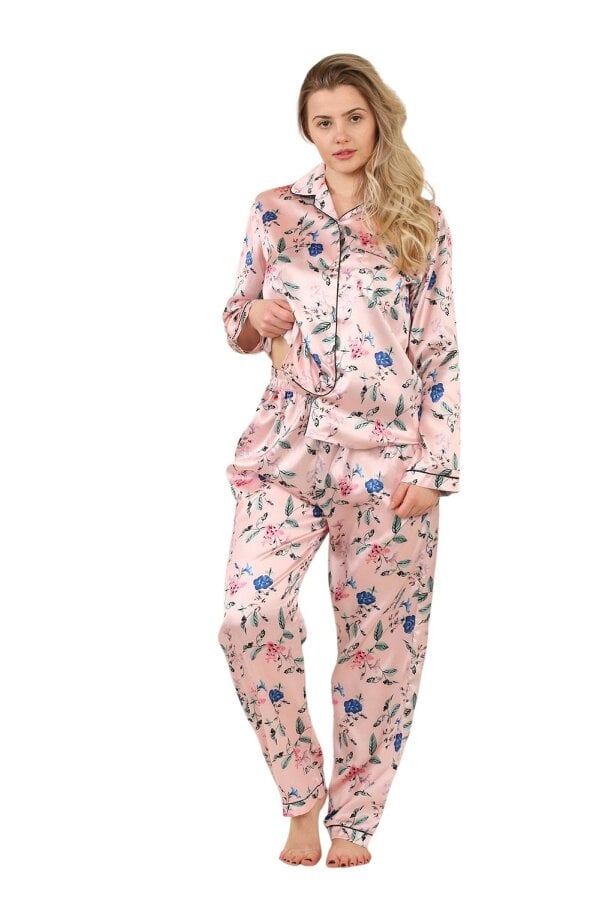 Luxury Satin Floral Pyjama Set – Long Sleeve, Button-Up & Pockets