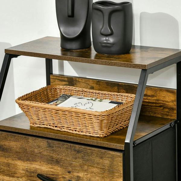 Open shelf of rustic brown cabinet with wicker basket and small decor items