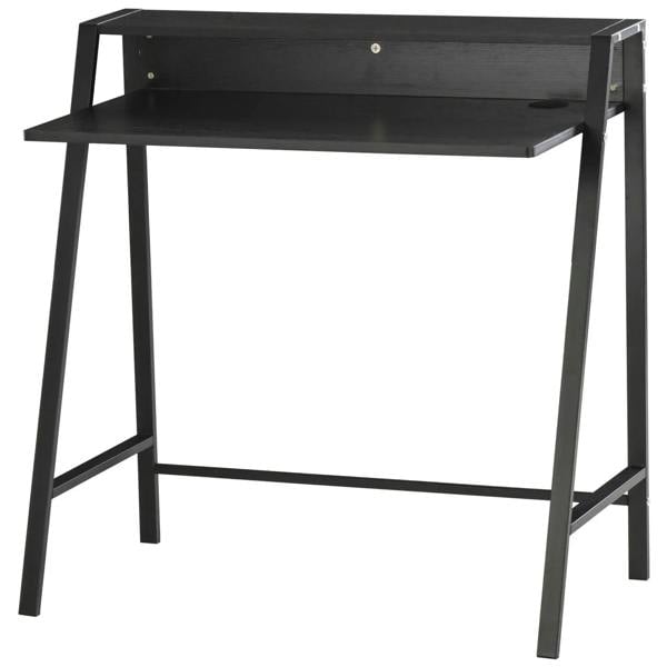 Black two-tier writing desk with open shelf and metal frame for home office