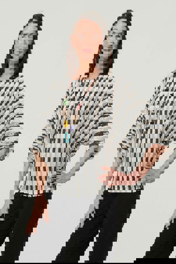 White | Striped 3/4 Sleeve Relaxed Necklace Top : Model is 5'8"/172 cm and wears UK10/EU38/US6/AUS10