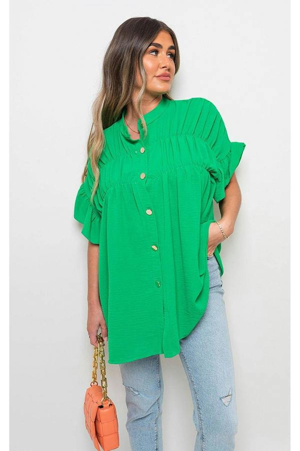 Rebecca Button Down Pleated Frill Tops - Green