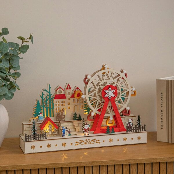 Samuel Alexander 45cm Light Up Wooden Christmas Village Scene with Rotating Ferris Wheel