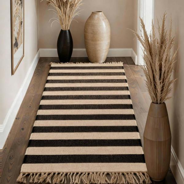 Handloom Jute Rug Natural White Black Fringed, Reversible, Striped Rug
