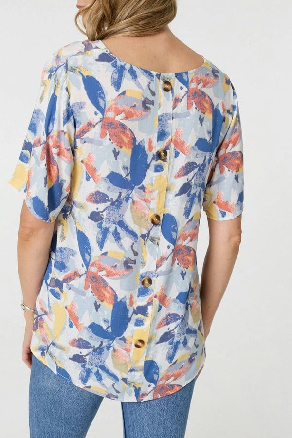 Blue | Leaf Print Relaxed Short Sleeve Blouse
