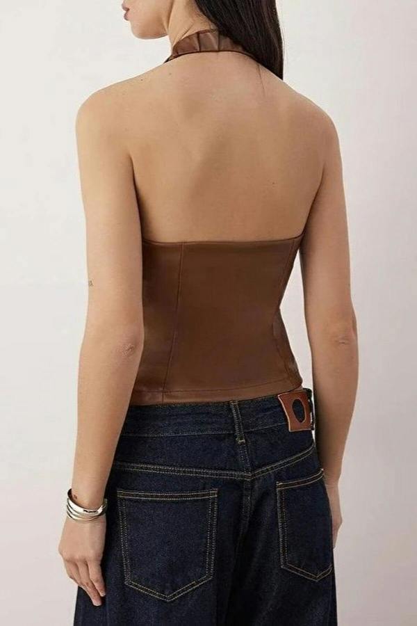 WOVCOR V-Neck Faux Leather Party Blouse with Zipper Detail