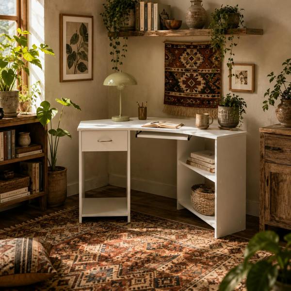 Wyld Haus Bavise 120cm Wooden White L Shaped Corner Desk With Keyboard Tray Drawers
