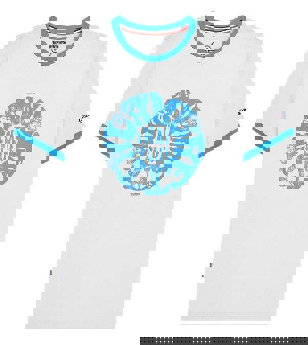 Lambretta Mens Festival Ringer Casual Retro Soul SKA T-Shirt, white cotton T-shirt with blue collar and sleeve trim featuring a retro round graphic design with the words "Ska” and “Away of Life" in blue.