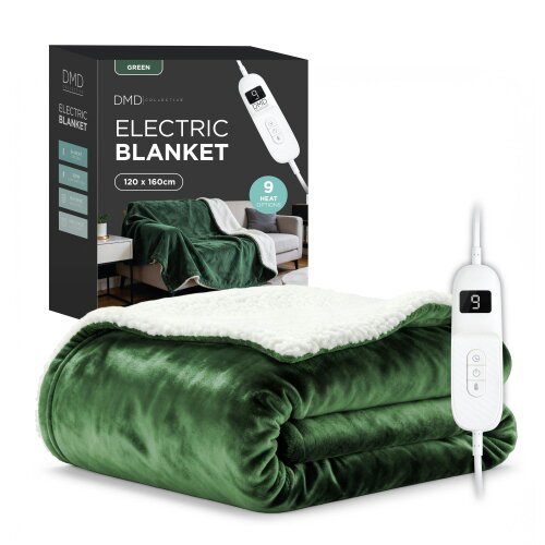 DMD Collective Heated Electric Blanket - Sherpa Fleece, Auto-Off, 9 Heat Levels - 120cm x 160cm - Green
