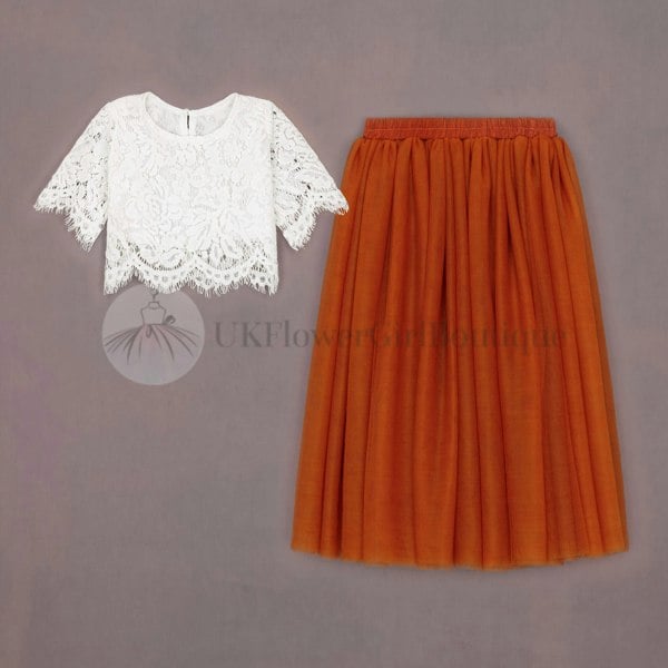 burnt orange skirt and lace top