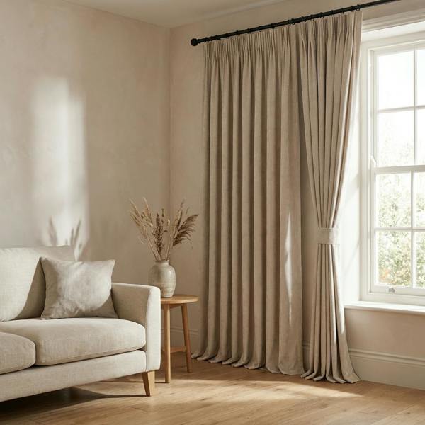 Braga made-to-measure curtains in Fog, styled in a living room