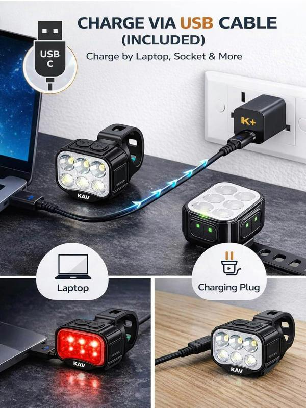 KAV USB Rechargeable Bike Light Set 6 LED 500 Lumen Headlight & Tail Light High Low Beam IP65 Waterproof 8/12 Modes Easy Mount for Road Bike