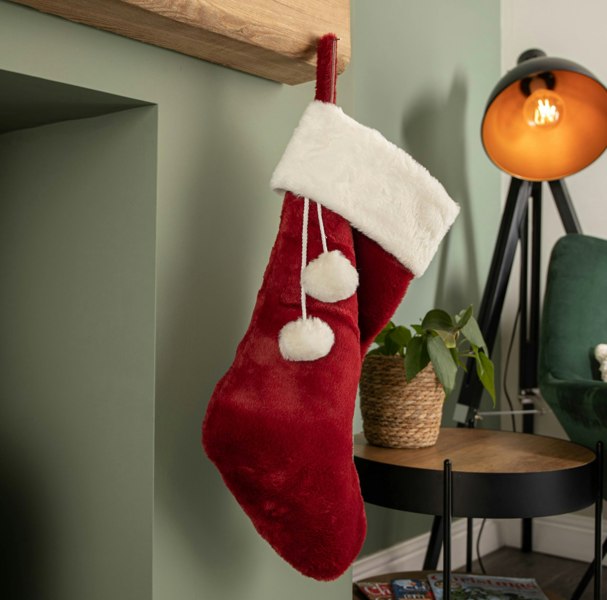Samuel Alexander 60cm Red Christmas Stocking with White Cuff and Pom Poms