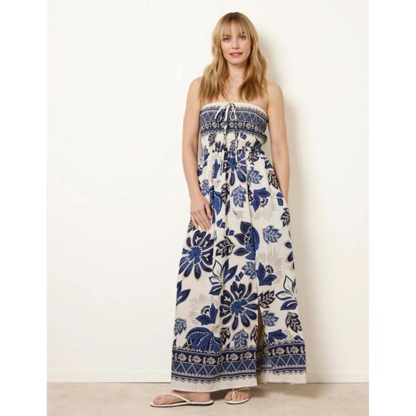 Blue Vanilla Flower Print Bandeau Maxi Dress