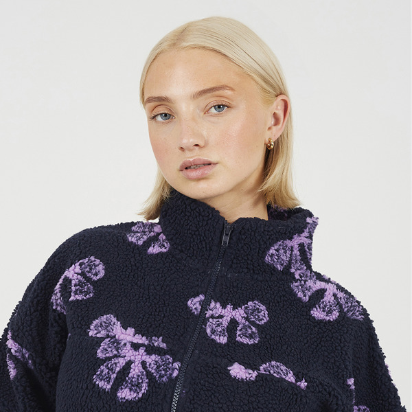 Brave Soul Graphic Bow Print Zip Through Sherpa Fleece - Navy