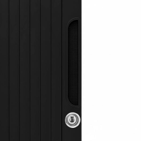 Sleek black Tambour shower door featuring vertical slats, a textured handle, and a polished chrome lock for modern bathrooms