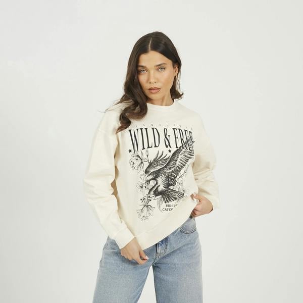 Brave Soul Beige Acid Wash Graphic Print Sweatshirt - Beige Image 1