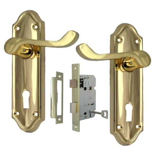 EDH Door Hardware Askworth Brass Plate Internal Lock Door Handles+ 3 Lever Mortice Sash Lock-170mm