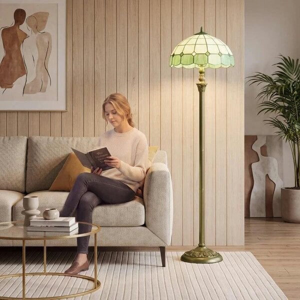 Tiffany-Style Floor Lamp with Handcrafted Stained Glass Shade, 152cm Tall Vintage Standing Lamp, Bronze Tone and Green - Bronze Tone and Green