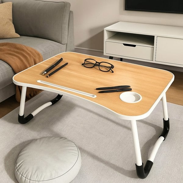 Modcraft Folding Laptop Bed Table with Cup Holder, Lap Desk Tray for Sofa, Breakfast, Portable, Walnut