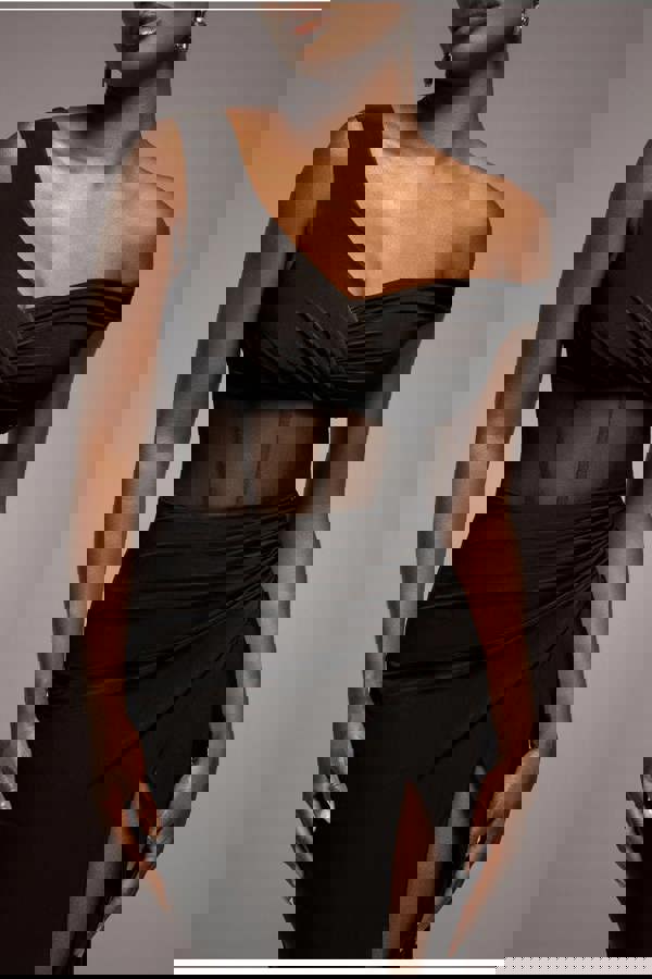 Off The Shoulder Corset Waist Mesh Wrap Skirt Soft Touch Maxi Dress - Black DR4865