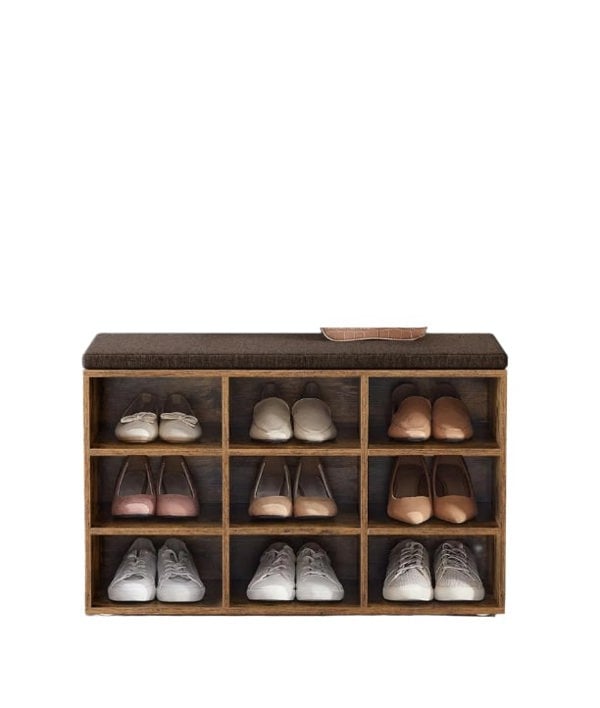 Modcraft Storage Shoe Bench with Padded Seat and Cushion, 9 Compartments with Adjustable Shelves