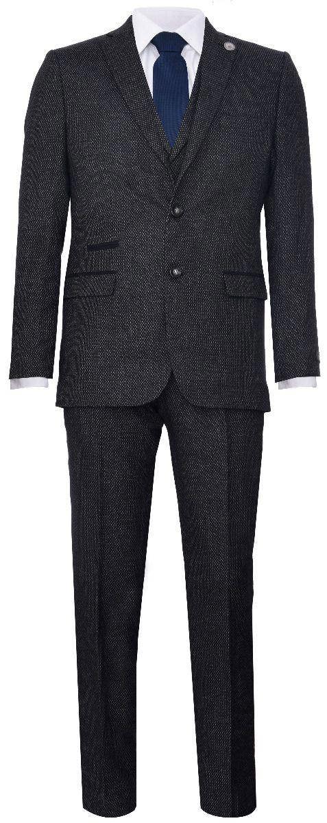 TruClothing Men's 3 Piece Black Herringbone Tweed Suit