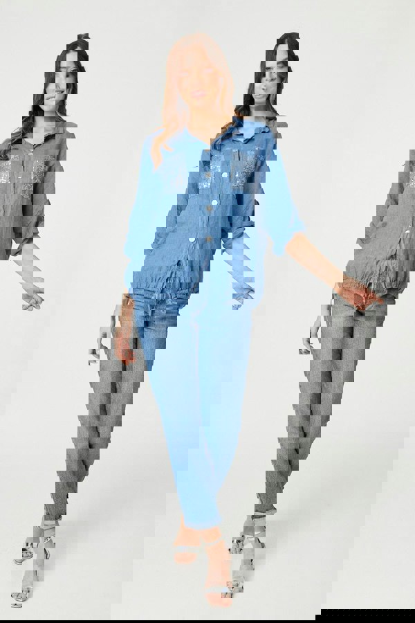 Blue | Sequin Detail 3/4 Turn-Up Sleeve Shirt
