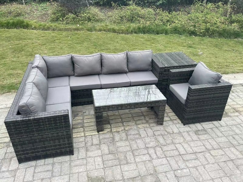 Fimous 7 Seater Rattan Corner Sofa Lounge Sofa Set With Rectangular Coffee Table With Arm Chair And Side Table Dark Grey Mixed Left Hand