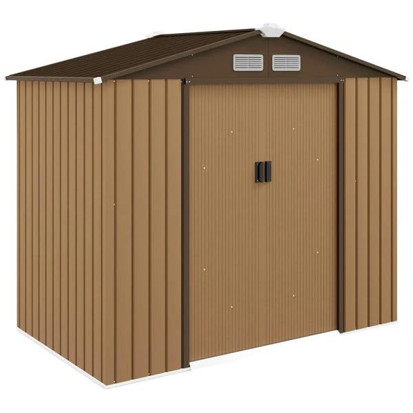 Light brown metal garden tool storage shed with double doors and roof vents