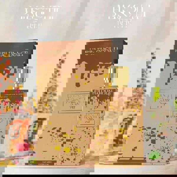 Anfar 1950 Biscotti Truffle Dubai Chocolate Extrait 80ML box and bottle lifestyle scene