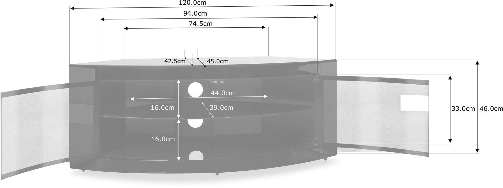 Homeology PANGEA Gloss Black Beam-Thru Glass Doors Curved Unit Tru-Corner 32"-50" TV Cabinet