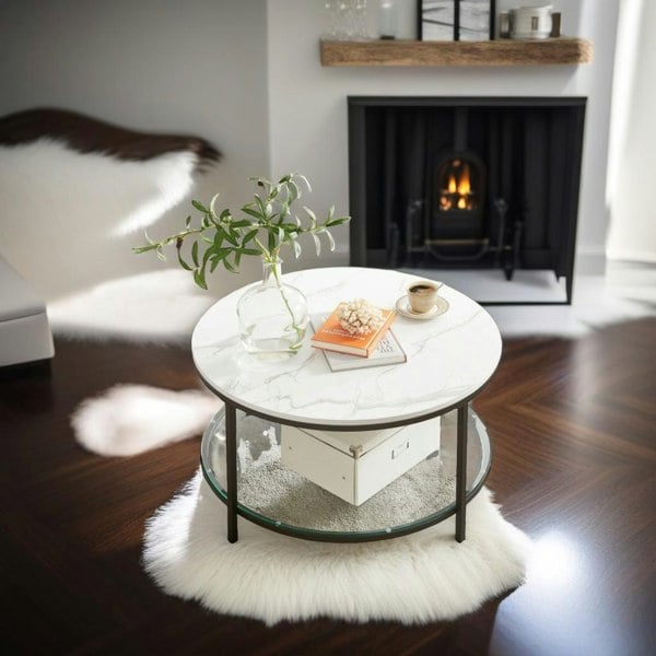 Modcraft White and Black Marble Coffee Table with Glass Storage Shelf