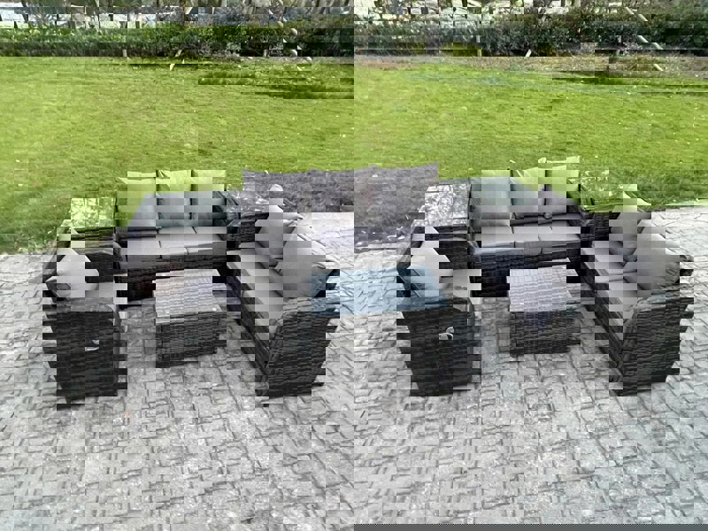 Fimous 6-Seater Outdoor Wicker Rattan Sofa Set | Rectangular Coffee Table, Reclining Chair, 3-Seater Sofa, 2 Side Tables
