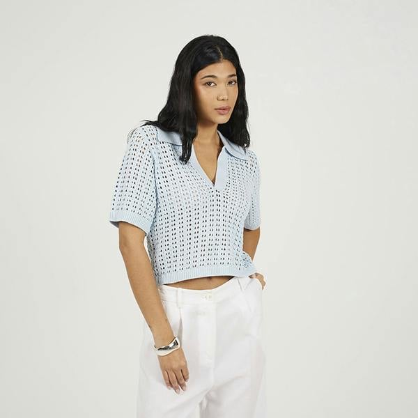 Brave Soul Blue Pointelle Knit Collared T-Shirt - Blue Image 1