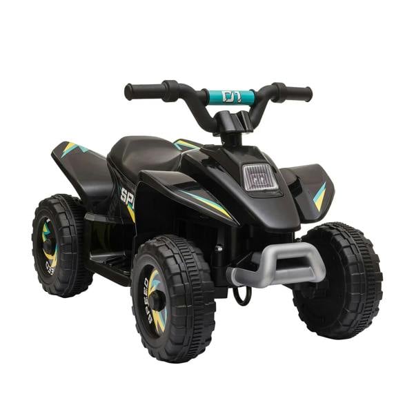 Black kids electric ride-on car with four large wheels, front guard, and handlebar