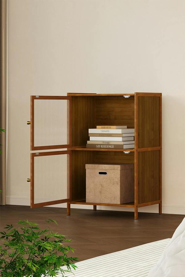 Living and Home Versatile 2-Tier Bamboo Storage Cabinet Bookcase Bookshelf Storage Rack w/ Doors