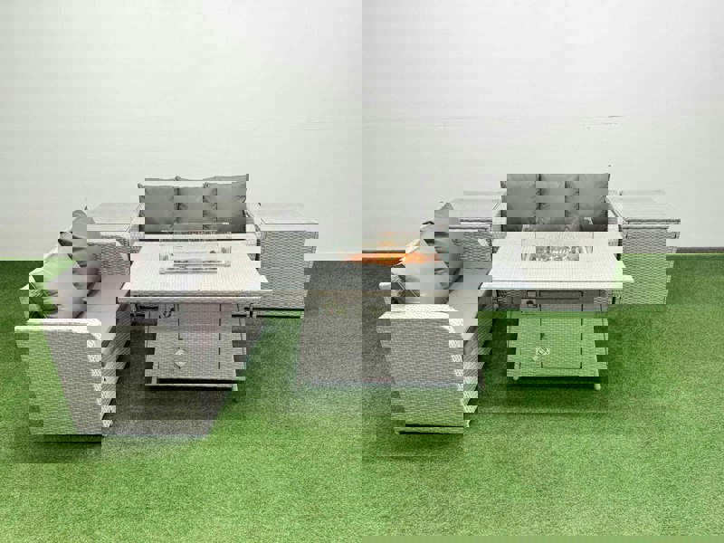 Fimous 5 Seater PE Rattan Wicker Garden Furniture Patio Conservatory Sofa Set with Fire Pit Dining Table 3 Seater Sofa Love Sofa 2 Side Table