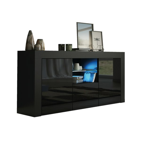 Mex Furniture Modern 145cm TV Unit, Cabinet Stand & Sideboard with Black Gloss Doors & Free LED