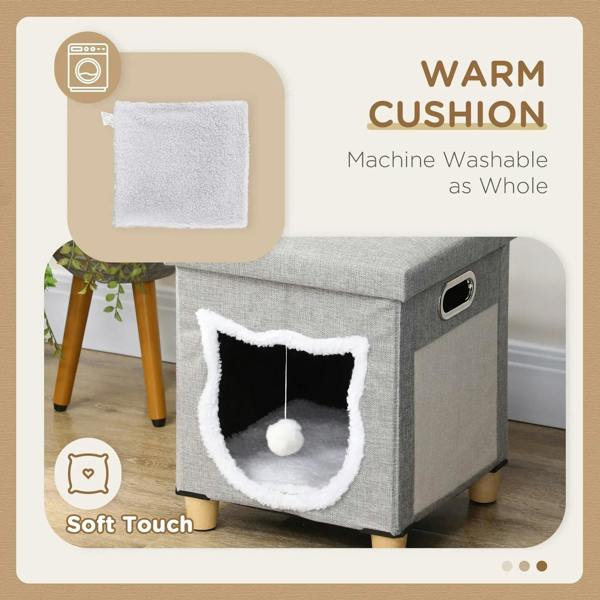Grey cat cube bed with detachable washable cushion panel and open tunnel window