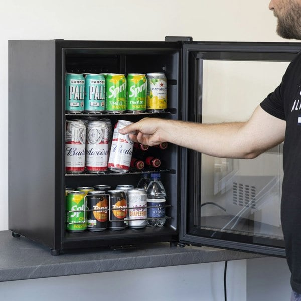 60L Under Counter Wine Beer Drinks Fridge Cooler - BLACK & GLASS 74x 330ml Cans - LoopsDirect