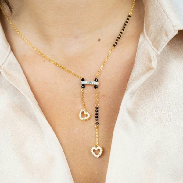 The Colourful Aura Black Beaded Zircon Heart Shape 18ct Gold Plated Asian Mangalsutra Necklace