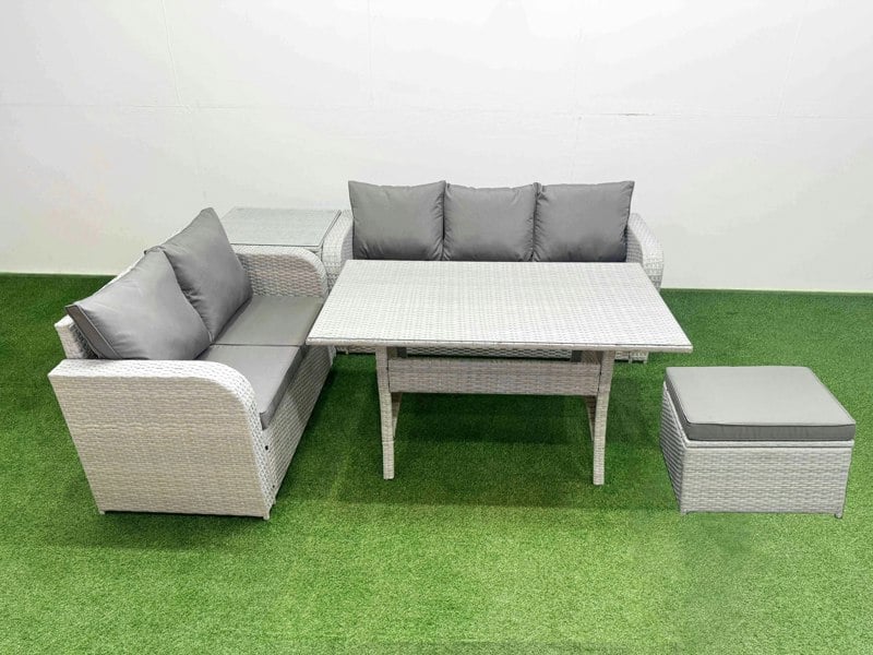 Fimous 6-Seater PE Rattan Outdoor Sofa Set | Rectangular Dining Table, 3-Seater Sofa, Loveseat, Large Footstool, Side Table