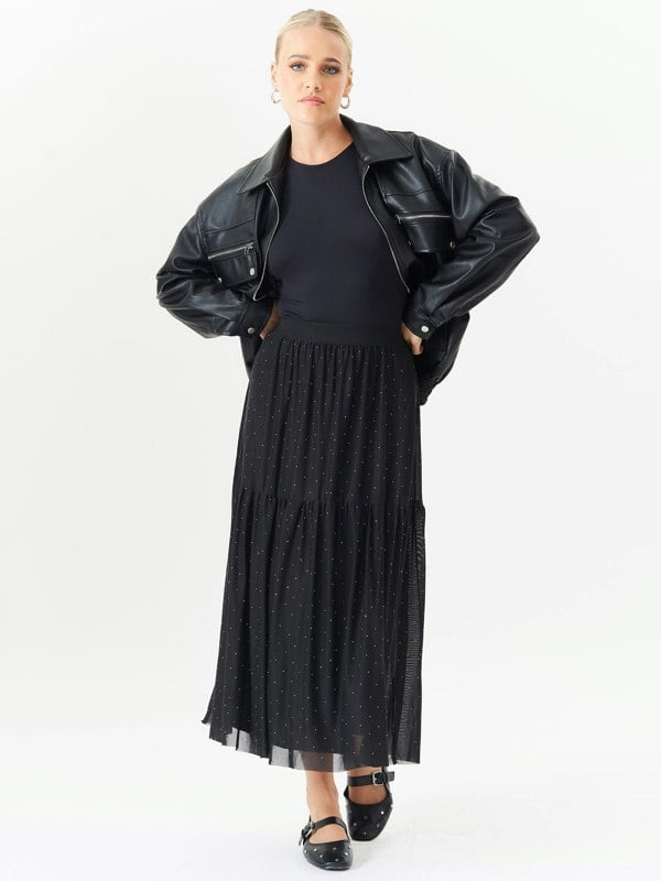 Gini London Black Diamante Mesh Maxi Skirt
